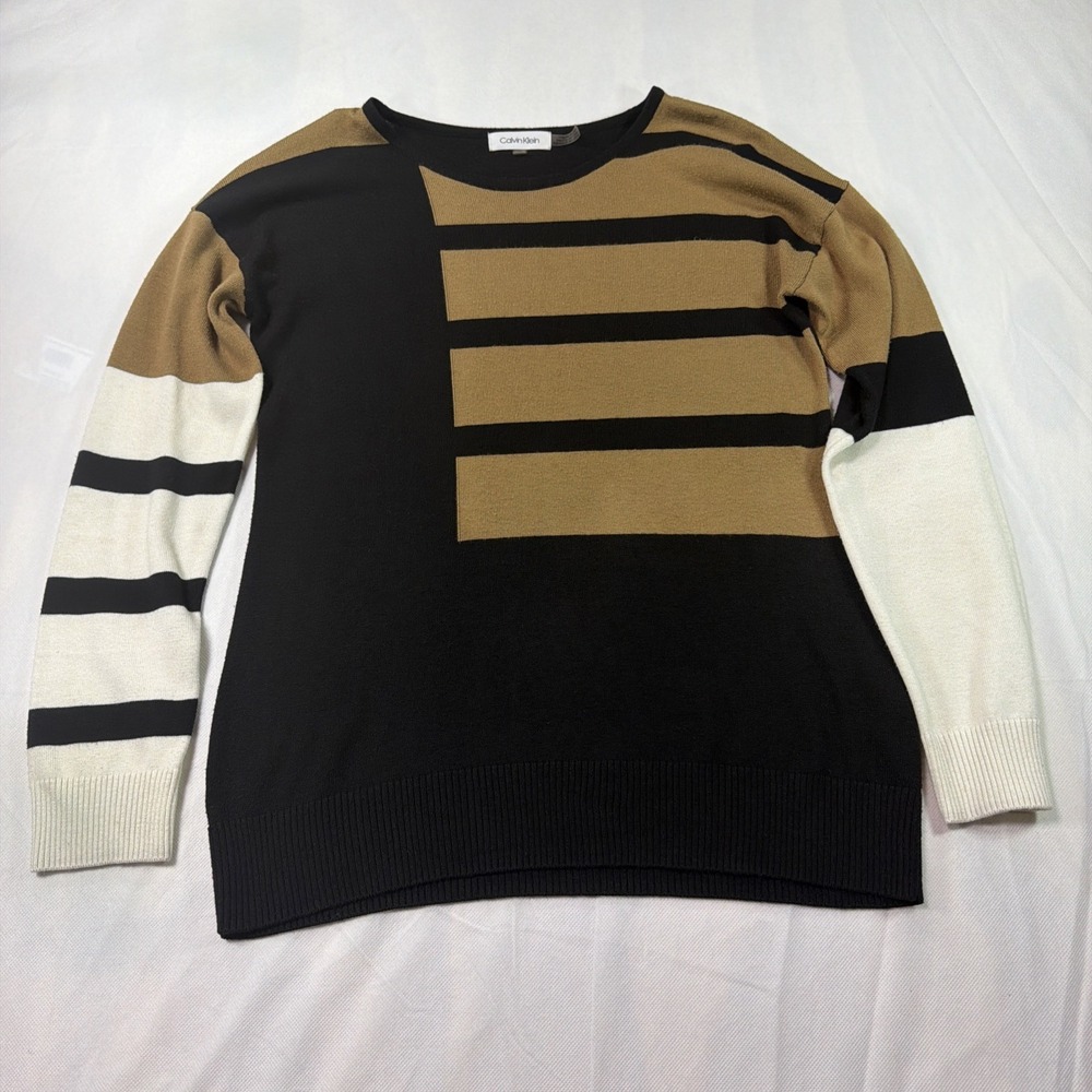 Calvin Klein Womens Colorblock Crewneck Sweater Black Camel White XS